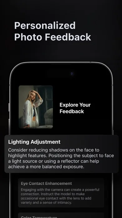 CamGuru App Store screenshot: personalized photo feedback, with lighting and eye-contact suggestions on a photo