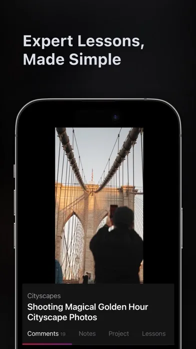 CamGuru App Store screenshot: a lesson on shooting golden hour cityscape photos, with comments, notes and project tabs