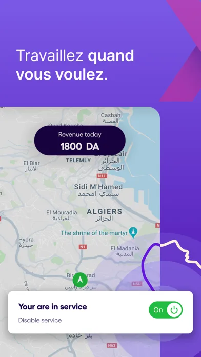 Yassir Driver App Store screenshot: a map of Algiers with today's revenue and an in-service toggle