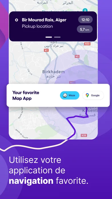 Yassir Driver App Store screenshot: a pickup location card with distance and a choice of navigation app